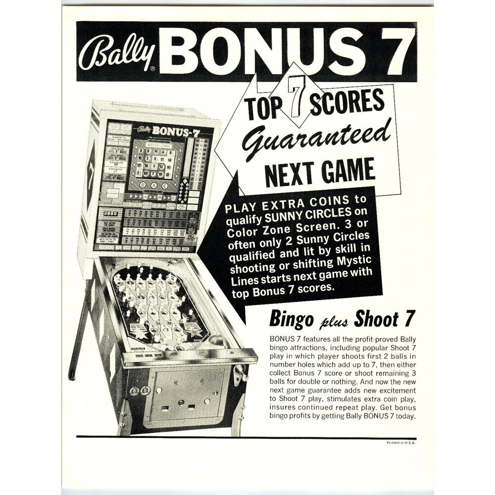 Bally Bonus 7 Pinball Machine Arcade Flyer Bingo Shoot 7 Original Vintage Game